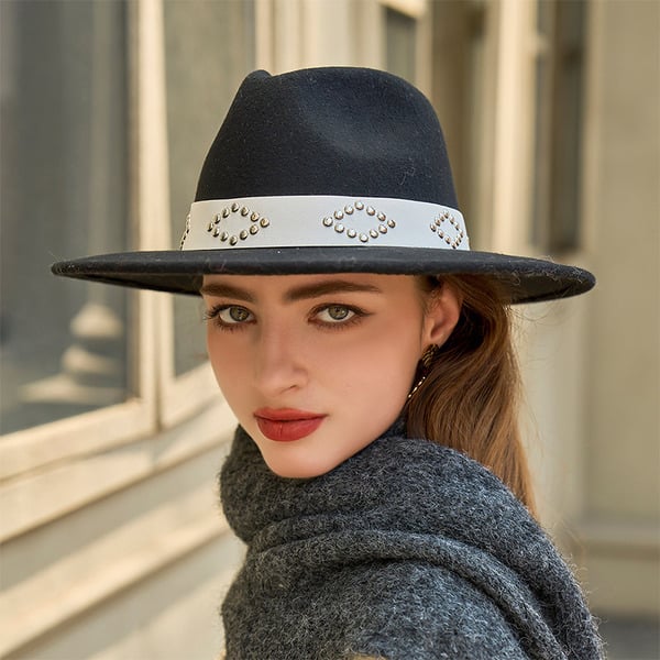 Classic Flat Brim Beaded Band Winter Felt Fedora Hats