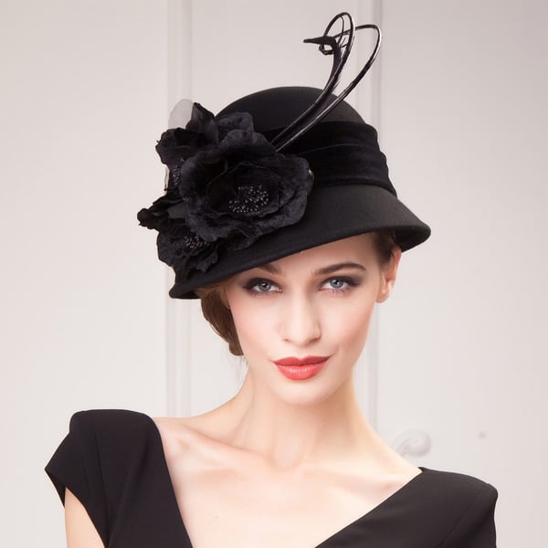 Women's Winter Wool With Faux Feather Flower Kentucky Derby Cloche Hats Church Hats