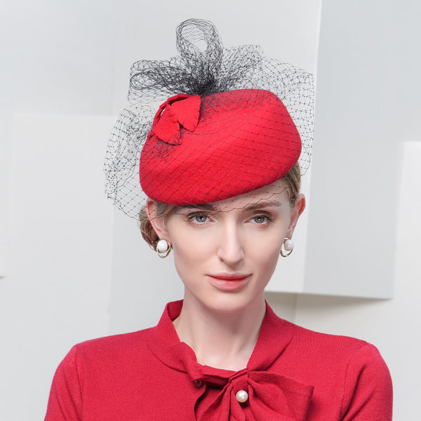 Women's Elegant Winter Wool With Veil Cocktail Kentucky Derby Pillbox Hats