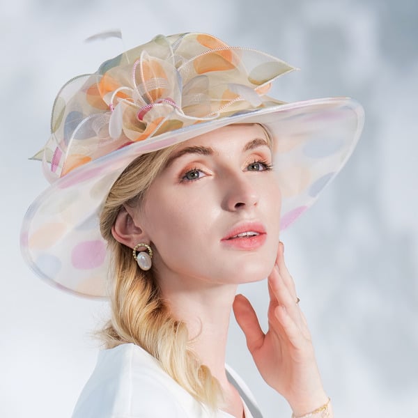 Women's Wide Brim Organza With Faux Feather Polka Dot Kentucky Derby Church Hats