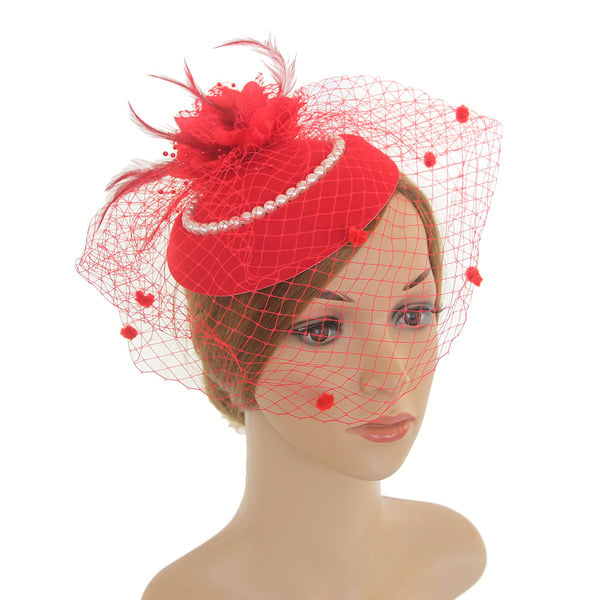 Women's Polyester With Faux Feather Pearl Veil Kentucky Derby Pillbox Hats Fascinators With Clip Headband