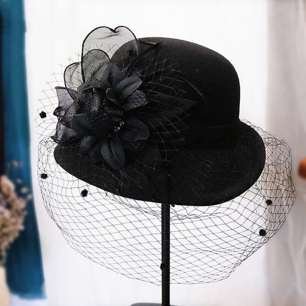 Women's Winter Flower Veil Special Occasion Felt Fedora Church Hats