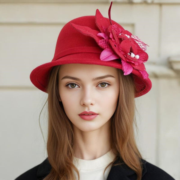 Women's Vintage Winter Felt With Flower Faux Feather Cocktail Bowler Hats Church Hats