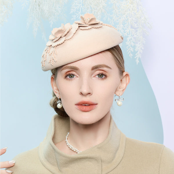 Women's Winter Wool Flower Special Occasion Pillbox Hats Fascinators With Hair band