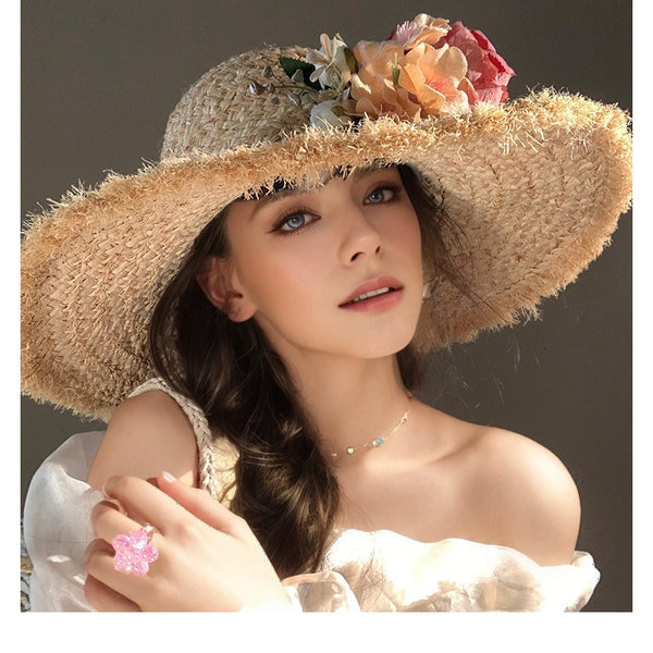 Women's Wide Brim Summer Raffia Straw With Flower Holiday Sun Hats Straw Hats