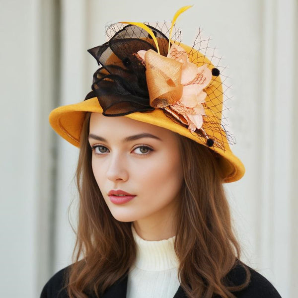 Women's Elegant Winter Felt With Flower Cocktail Bowler Hats Church Hats