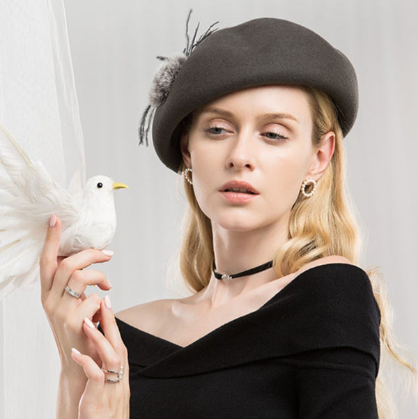 Faux Feather Wool Beret Hat