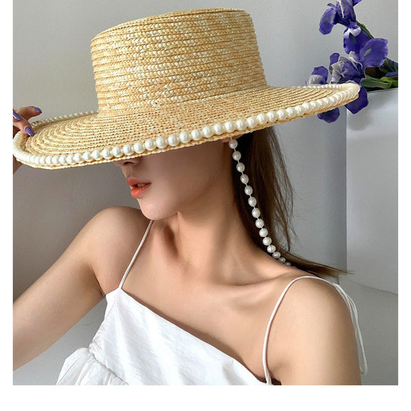 Women's Wide Brim Summer Straw With Imitation Pearls Beaded Band Holiday Beach Sun Hats Straw Hats