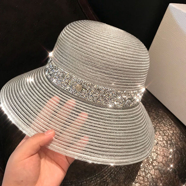 Women's Wide Brim Summer Polyester Straw With Rhinestone Beaded Band Special Occasion Sun Hats Straw Hats