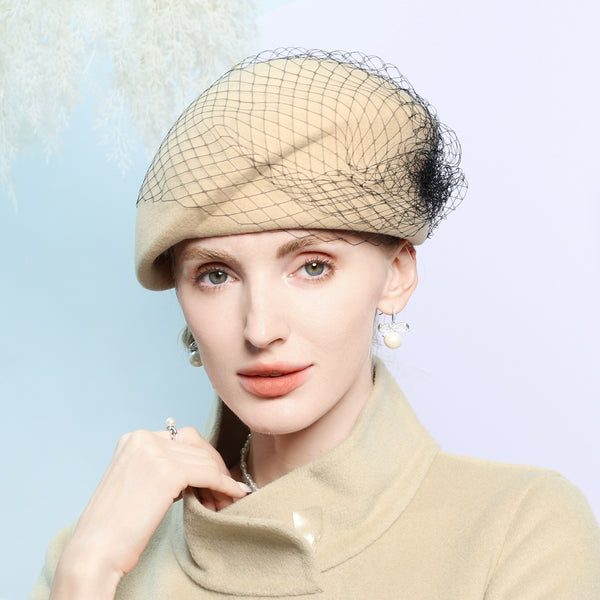 Women's Winter Wool Veil Special Occasion Beret Hats