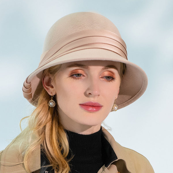 Women's Classic Winter Wool With Ribbons Special Occasion Cocktail Cloche Hats