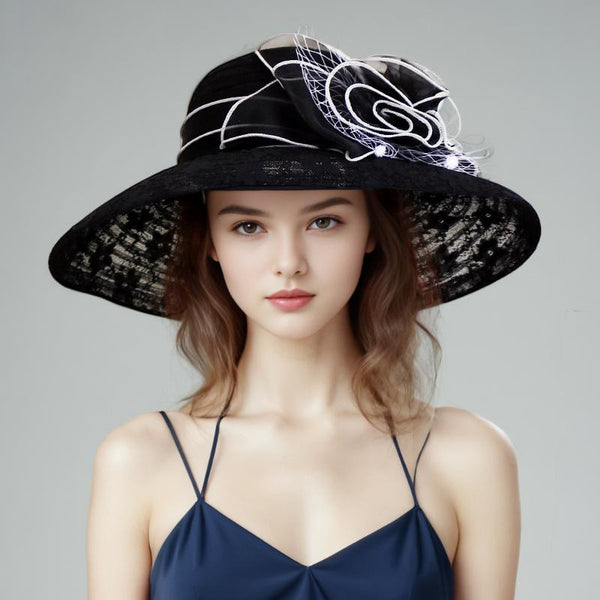 Women's Wide Brim Packable Polyester With Flower Lace Cocktail Kentucky Derby Church Hats