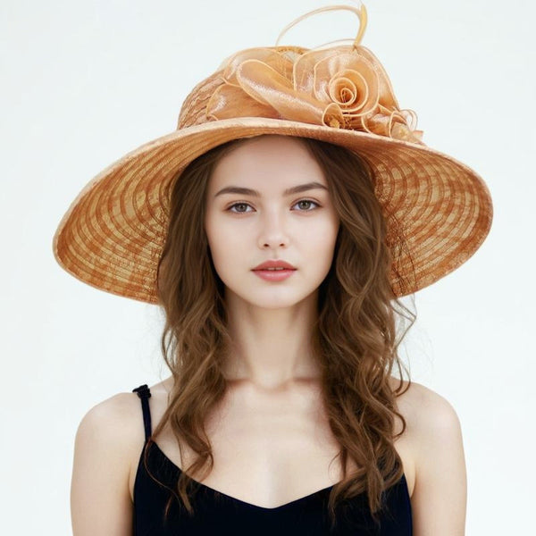 Women's Wide Brim Packable Polyester With Flower Lace Faux Feather Cocktail Kentucky Derby Church Hats