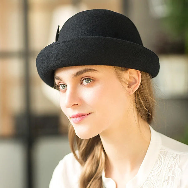 Black Leaves Flipped Brim Wool Bowler Hat