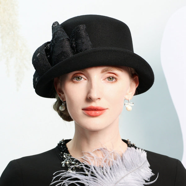 Women's Flip Brim Winter Wool With Bowknot Lace Special Occasion Fedora Hats - 416651