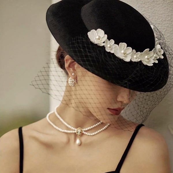 Women's Vintage Bridal Flower Pearl Veil Velvet Wedding Ladies Day Bowler Hats Church Hats