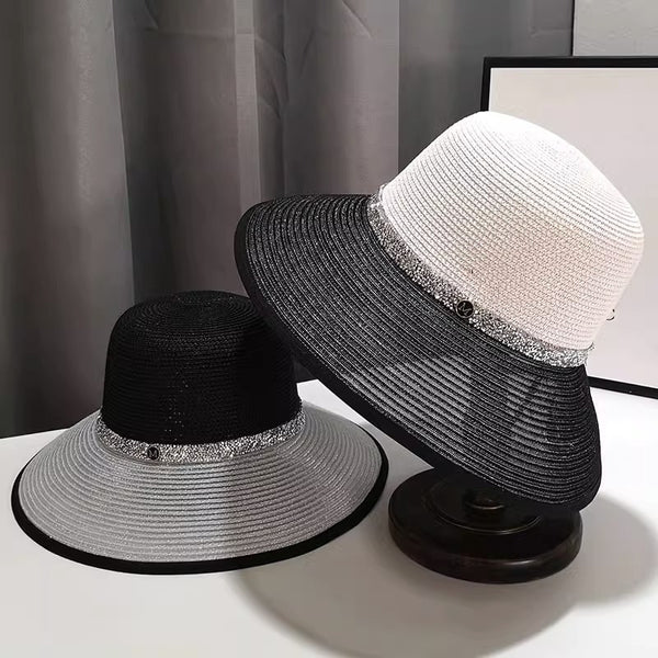 Women's Wide Brim Summer Polyester With Rhinestone Beaded Band Special Occasion Sun Hats Straw Hats