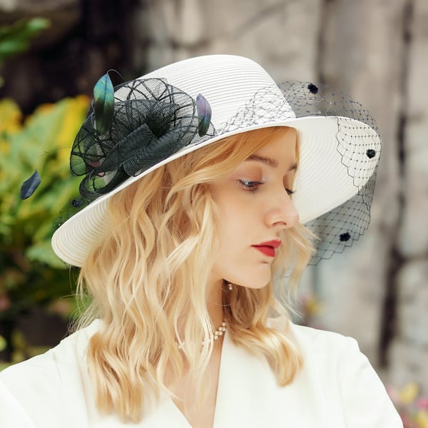 Women's Wide Brim Summer Polyester With Faux Feather Flower Veil Kentucky Derby Church Hats Panama Hats