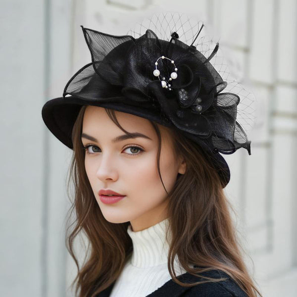 Women's Elegant Winter Felt With Flower Imitation Pearls Cocktail Bowler Hats Church Hats