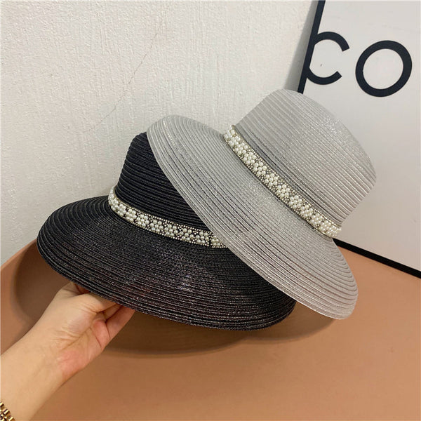 Women's Wide Brim Summer Polyester Straw With Rhinestone Imitation Pearls Beaded Band Special Occasion Sun Hats Straw Hats