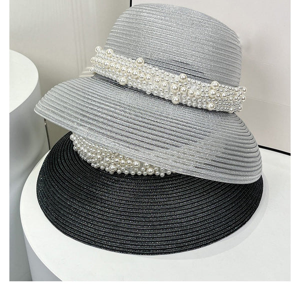 Women's Wide Brim Summer Polyester Straw With Imitation Pearls Beaded Band Special Occasion Sun Hats Straw Hats