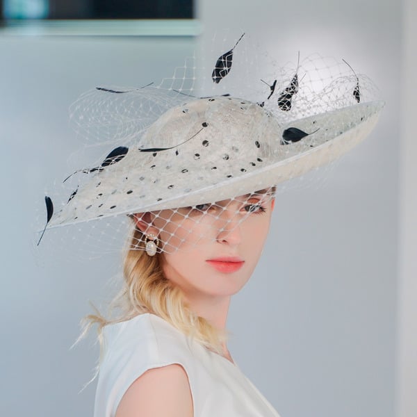 Women's Wide Brim Sinamay With Faux Feather Polka Dot Veil Kentucky Derby Church Hats With Headband