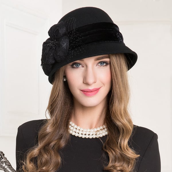 Women's Vintage Winter Wool With Flower Casual Tea Party Cloche Hats Church Hats