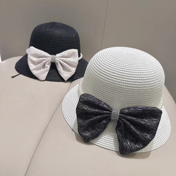 Women's Summer Straw With Bowknot Pearl Rhinestone Holiday Sun Hats Bowler Hats Straw Hats