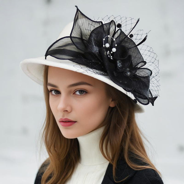 Women's Elegant Winter Felt With Flower Faux Feather Cocktail Bowler Hats Church Hats