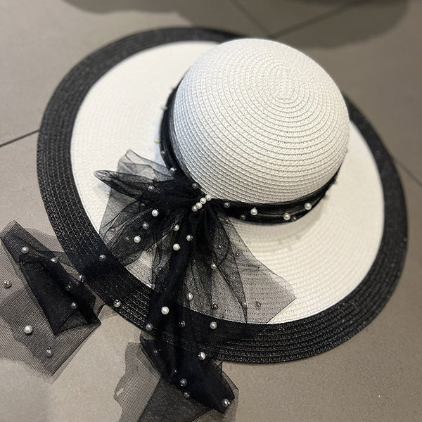 Women's Summer Straw With Bowknot Pearl Holiday Sun Hats Straw Hats