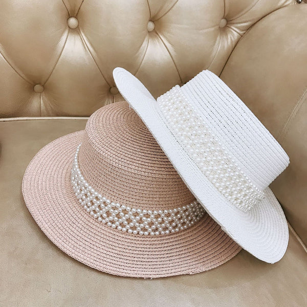 Women's Summer Straw With Pearl Holiday Sun Hats Boater