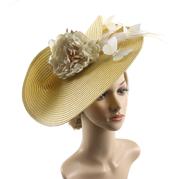 Women's Straw With Flower Imitation Butterfly Kentucky Derby Saucer Hats Fascinators With Headband