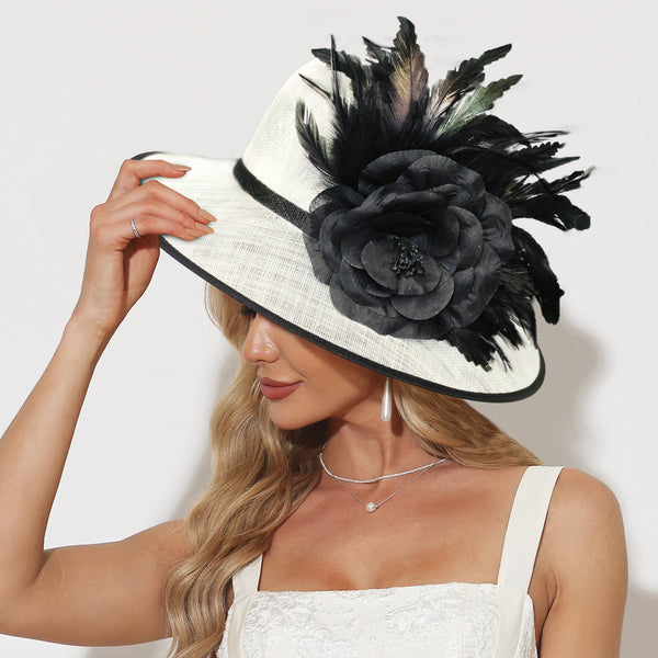 Women's Elegant Sinamay Flower Faux Feather Kentucky Derby Royal Ascot Bowler Church Hats