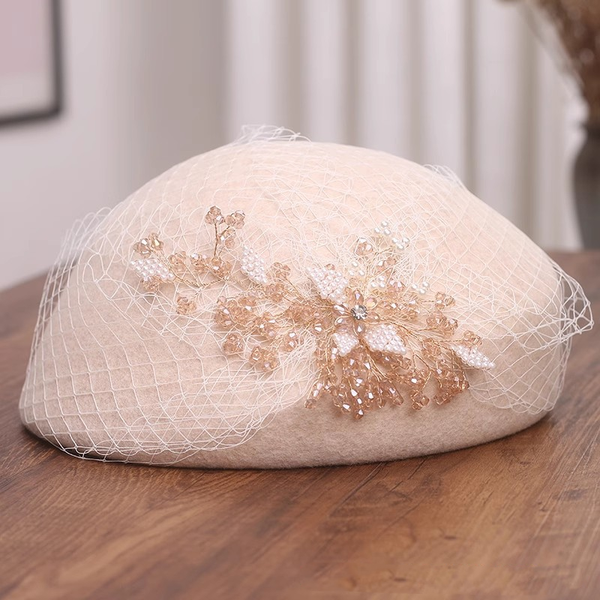 Women's Vintage Wool Felt Crystal Flower Veil Special Occasion Beret Hats