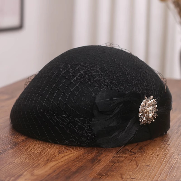 Women's Vintage Wool Felt Crystal Flower Faux Feather Special Occasion Beret Hats