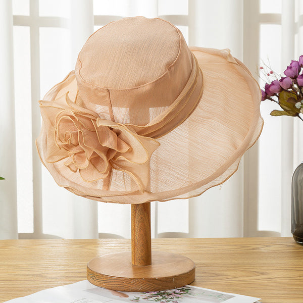 Women's Packable Summer Organza With Flower Holiday Sun Hats Church Hats