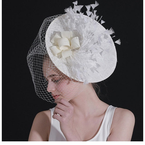 Women's Sinamay With Veil Faux Feather Kentucky Derby Saucer Hats Fascinators With Clip