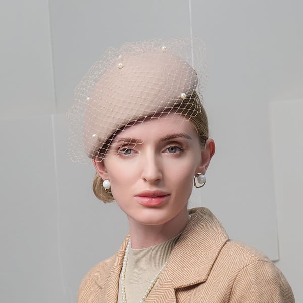 Women's Wool With Pearl Veil Kentucky Derby Beret Hats Fascinators With Clip