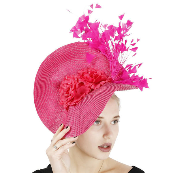 Women's Straw With Faux Feather Flower Kentucky Derby Saucer Hats Fascinators With Clip