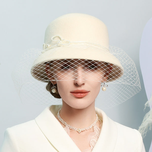 Women's Vintage Winter Imitation Pearls Wool With Pearl Veil Special Occasion Cloche Hats - 416656