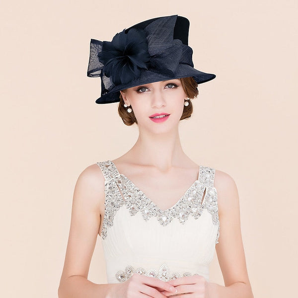 Dark Navy Flower Bowknot Sinamay Top Kentucky Derby Top Hat