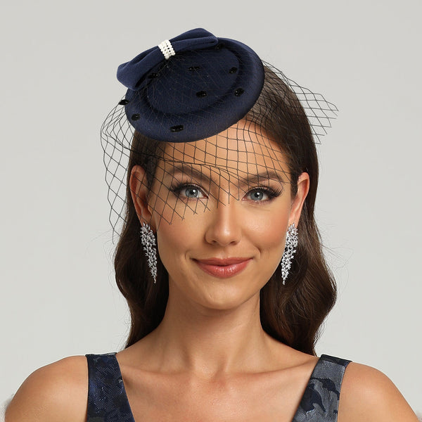 Dark Navy Bowknot Veil Cocktail Kentucky Derby Pillbox Fascinator With Clip