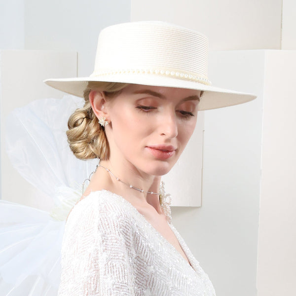 Beige Pearls Band Wedding Straw Sun Hat