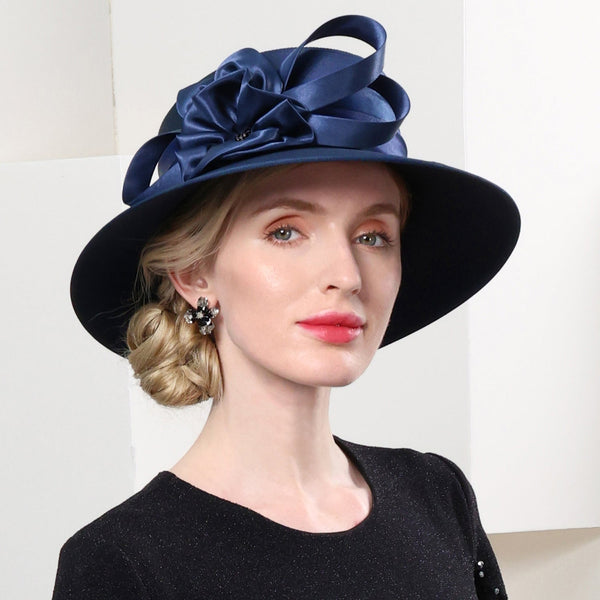 Dark Blue Wide Brim Flower Bowknot Satin Kenturky Derby Hat