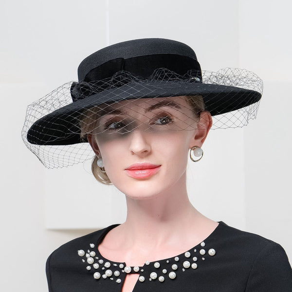 Black Bowknot Veil Wide Brim Wool Funeral Hat