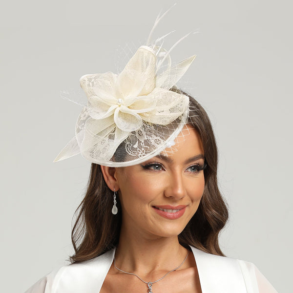 Feather Pearl Lace Mesh Kentucky Derby Fascinator With Clip