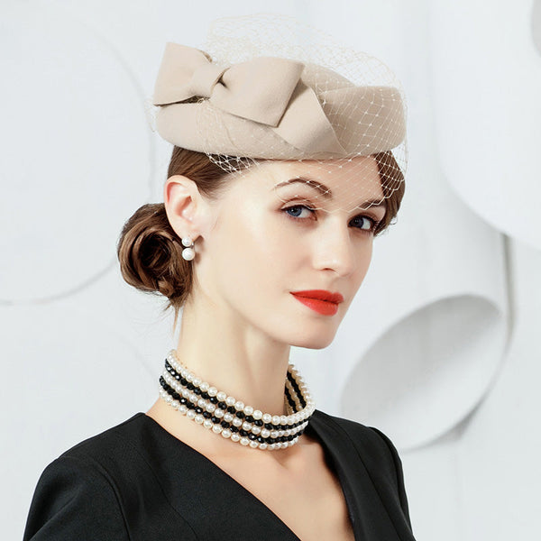 Camel Bowknot Veil Winter Wool Cocktail Pillbox Hat