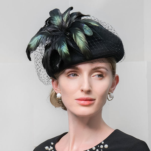 Feather Veil Wool Tea Party Beret Hat