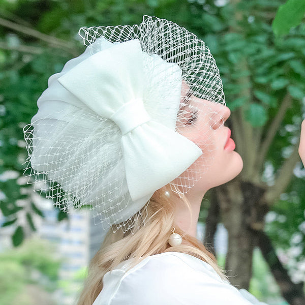 White Bowknot Veil Wedding Turban Hat