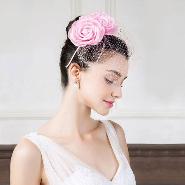 Pink Flower Mesh Rhinestone Wedding Fascinator Headband